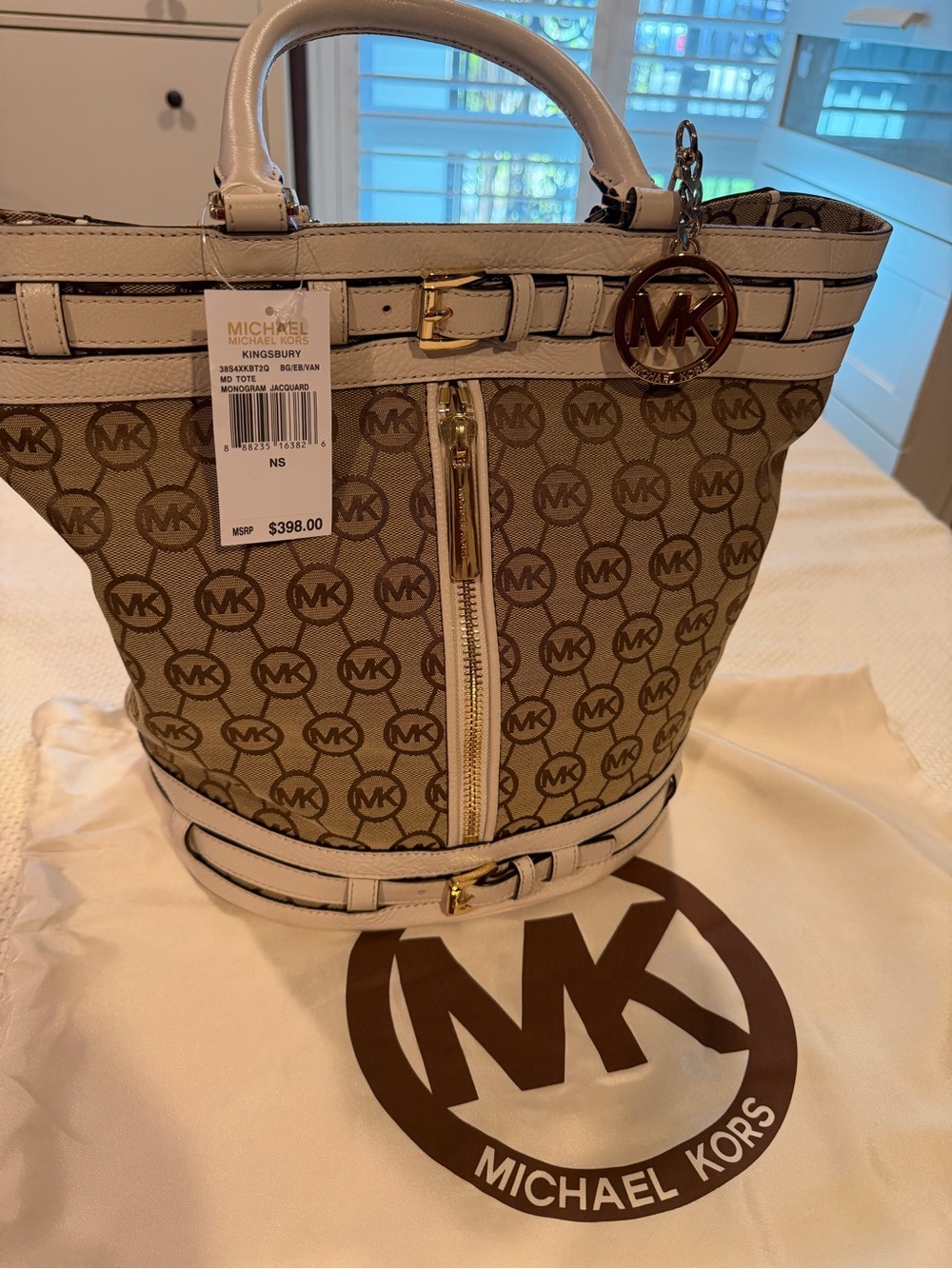 Michael Kors Tan Logo Tote with White Trim and Gold Accents